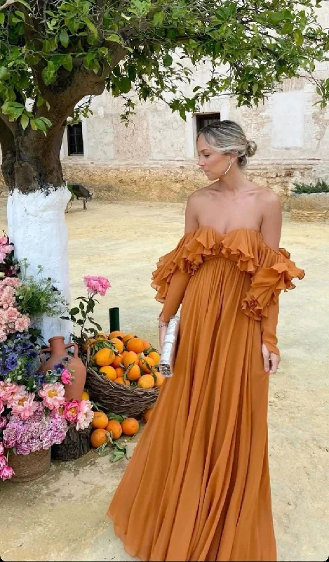 Yellow Brown Elegant Solid Color Fashion Off Shoulder Chic Ruffle Long Evening Dress Party Dress Wedding Guest Dress gh3066