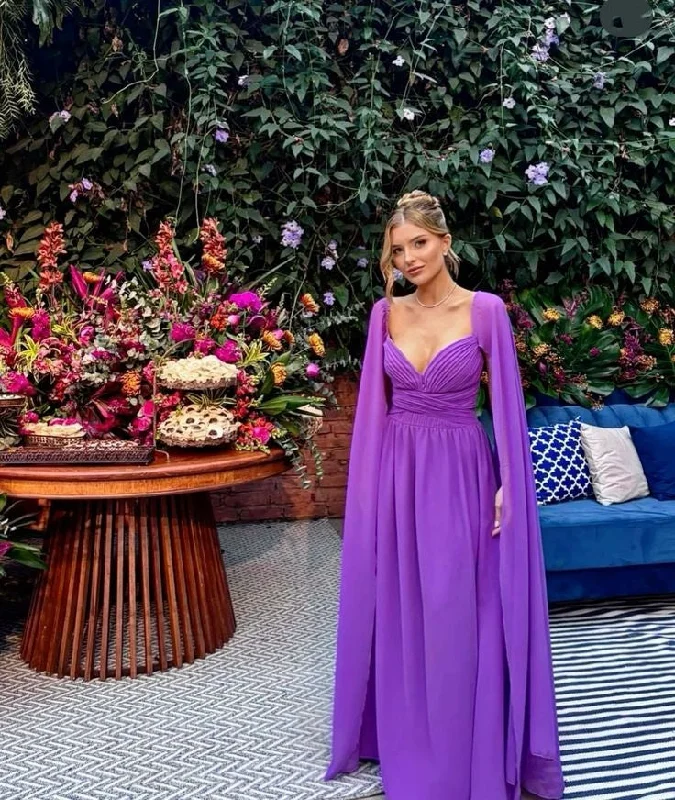 Purple Cape Sweetheart Neck Long Chiffon Evening Dress Party Dress Wedding Guest Dress gh3070