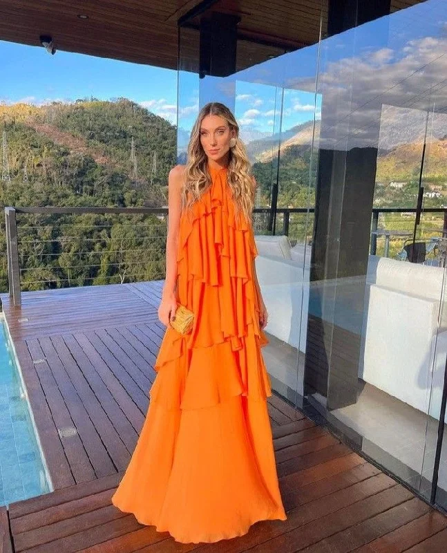 Orange suspender fashion elegant backless long chiffon ruffle ball gown evening dress wedding guest party dress gh3097