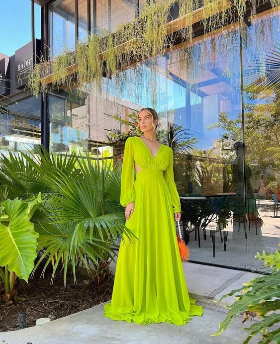 Yellow Green A-line elegant flowing long chiffon ball gown evening dress party dress gh3094