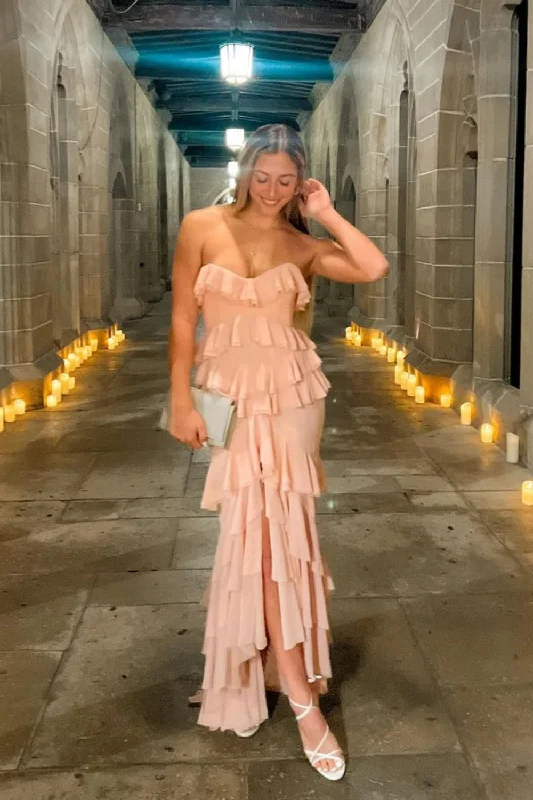 Pink Chiffon Ruffles Long Flowing Elegant Evening Dress Wedding Guest Party Dress Holiday Party Dress gh3138