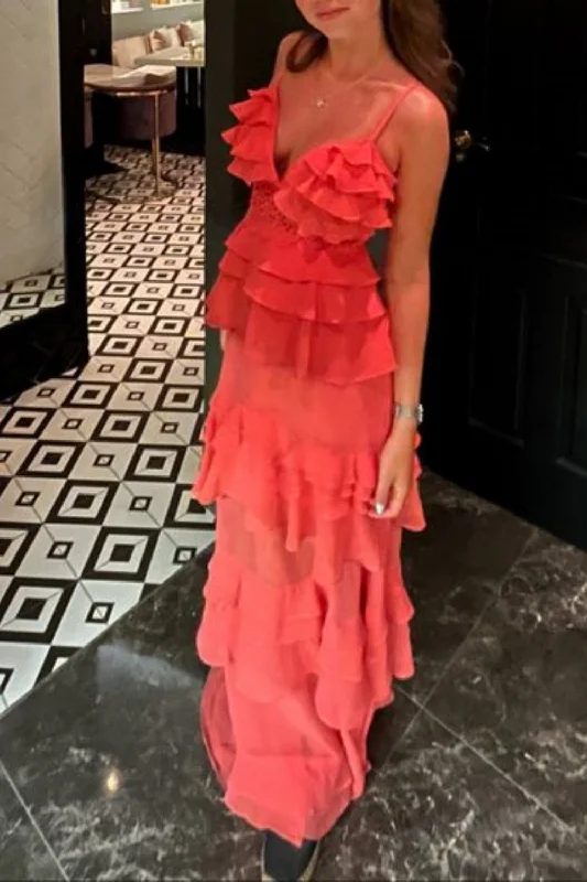 Orange Fashion Spaghetti Strap Long Chiffon Ruffle Evening Dress Wedding Guest Dress Party Dress gh3137