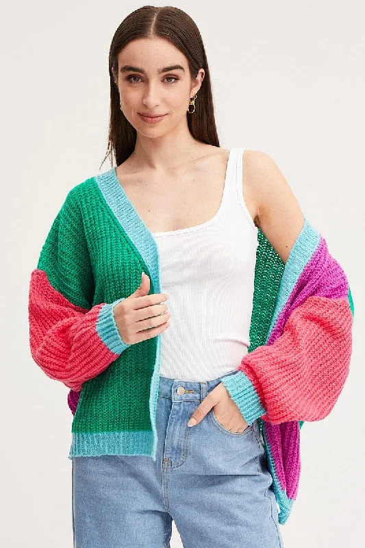 Multi Knit Cardigan Long Sleeve Relaxed Colour Block