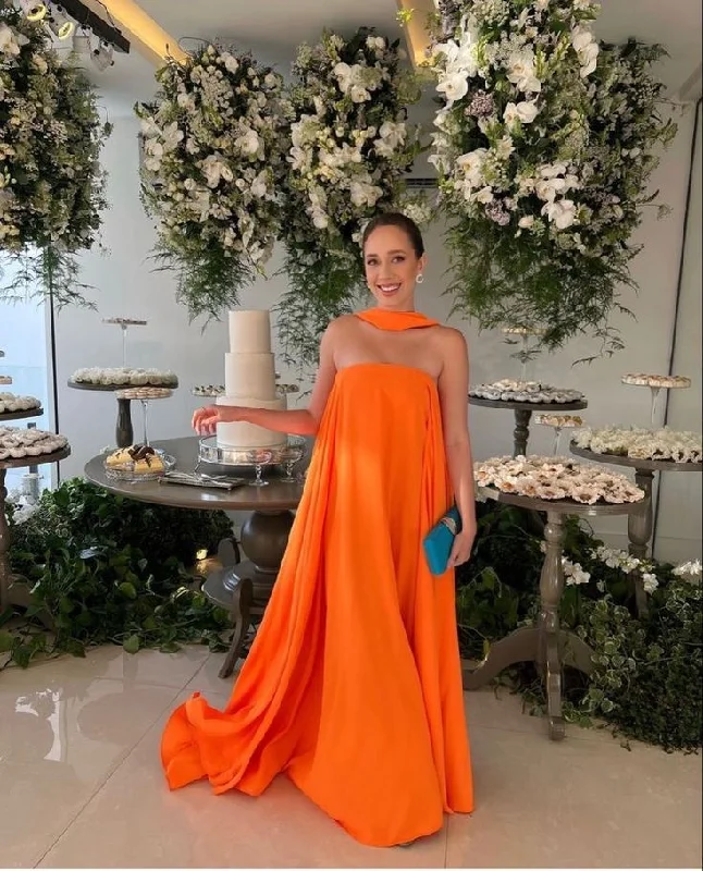 Orange Elegant Flowing A-Line Off Shoulder satin Long Ball Gown Evening Dress Wedding Guest Party Dress gh3093