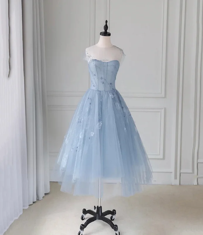 Blue tulle lace short A line prom dress party dress  8744