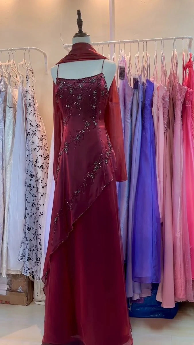 Burgundy Vintage Beaded Long Ball Gown Evening Dress Floor Length Party Dress with Scarf gh3059