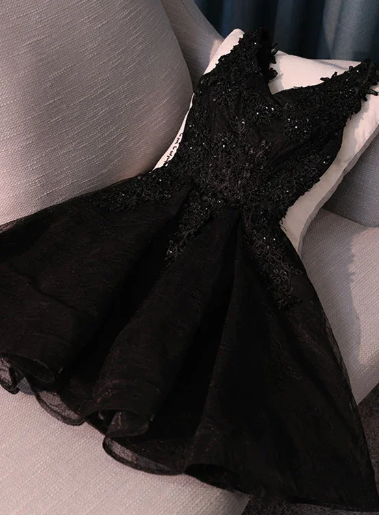 Lovely Black Lace V-neckline Short Homecoming Dress, Black Party Dress gh1761