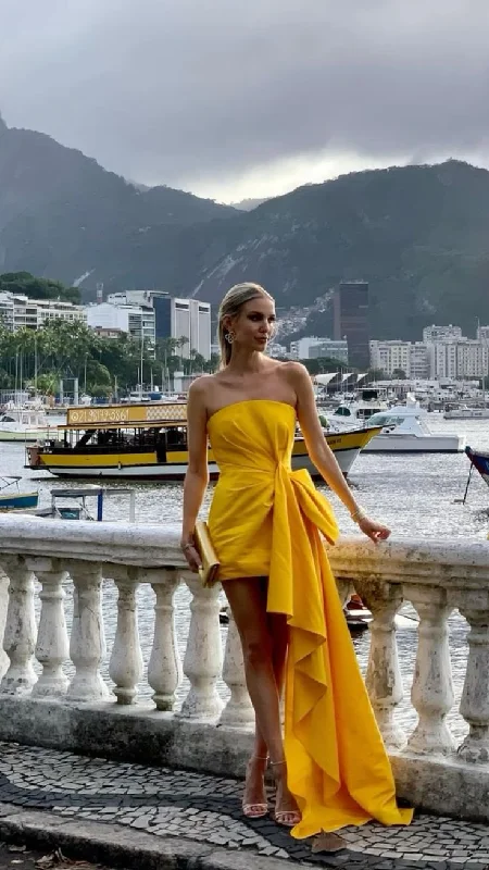 Yellow fashion tube top pleated long and short prom dress evening dress party dress gh3076