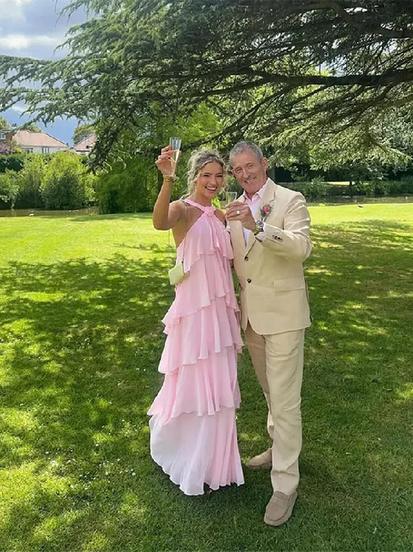 Pink Halter Fashion Halter Ruffled Tiered Ruffle Long Chiffon Tulle Ball Gown Evening Gown Party Dress gh3100