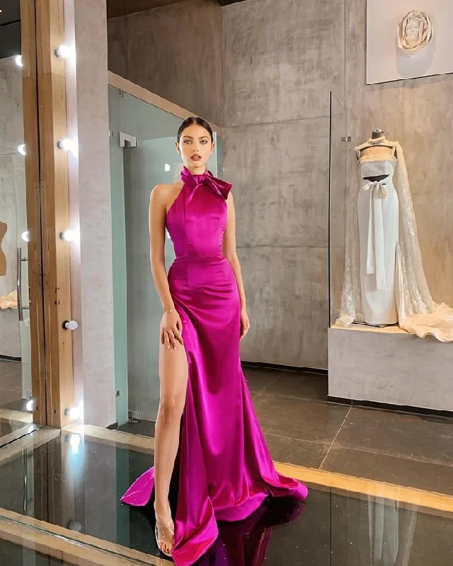 Pink Fashion Elegant Suspender Long Slit Satin Ball Gown Evening Dress Party Dress gh3088