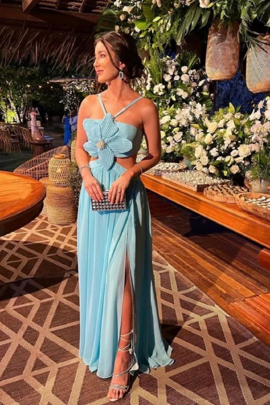 Blue suspender waist chiffon fashion unique design long evening dress party dress gh3109