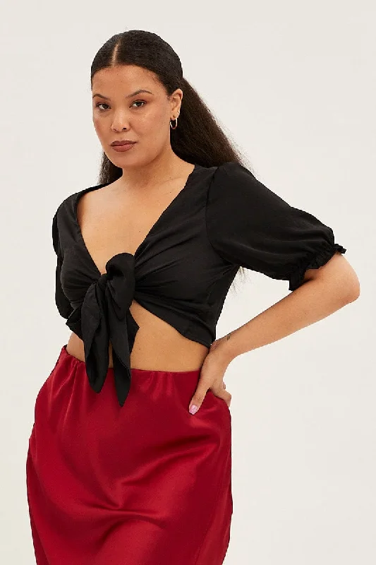 Black Satin Tie Front Short Sleeve Bolero Top