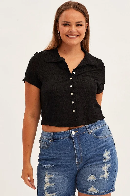 Black Short Sleeve Button Top