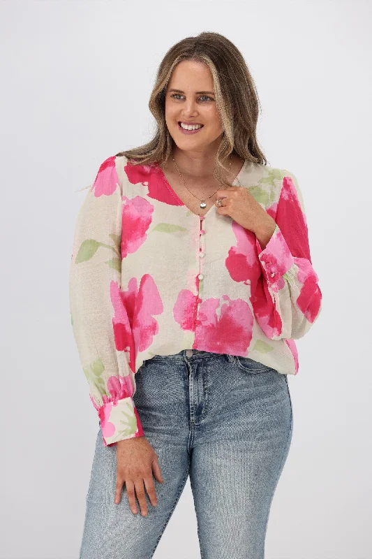 Fria Ava Cloud Print Blouson Sleeve Blouse Fuchsia