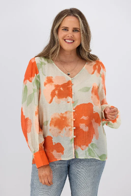 Fria Ava Cloud Print Blouson Sleeve Blouse Tangerine