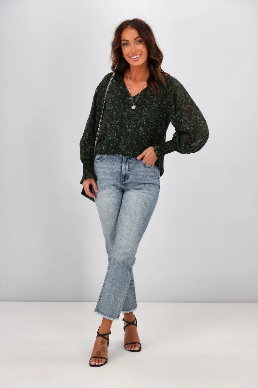 Gloss by Shine On Taneille Blouson Sleeve Top Green Floral