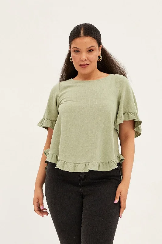 Green Linen Shell Top Short Sleeveruffle