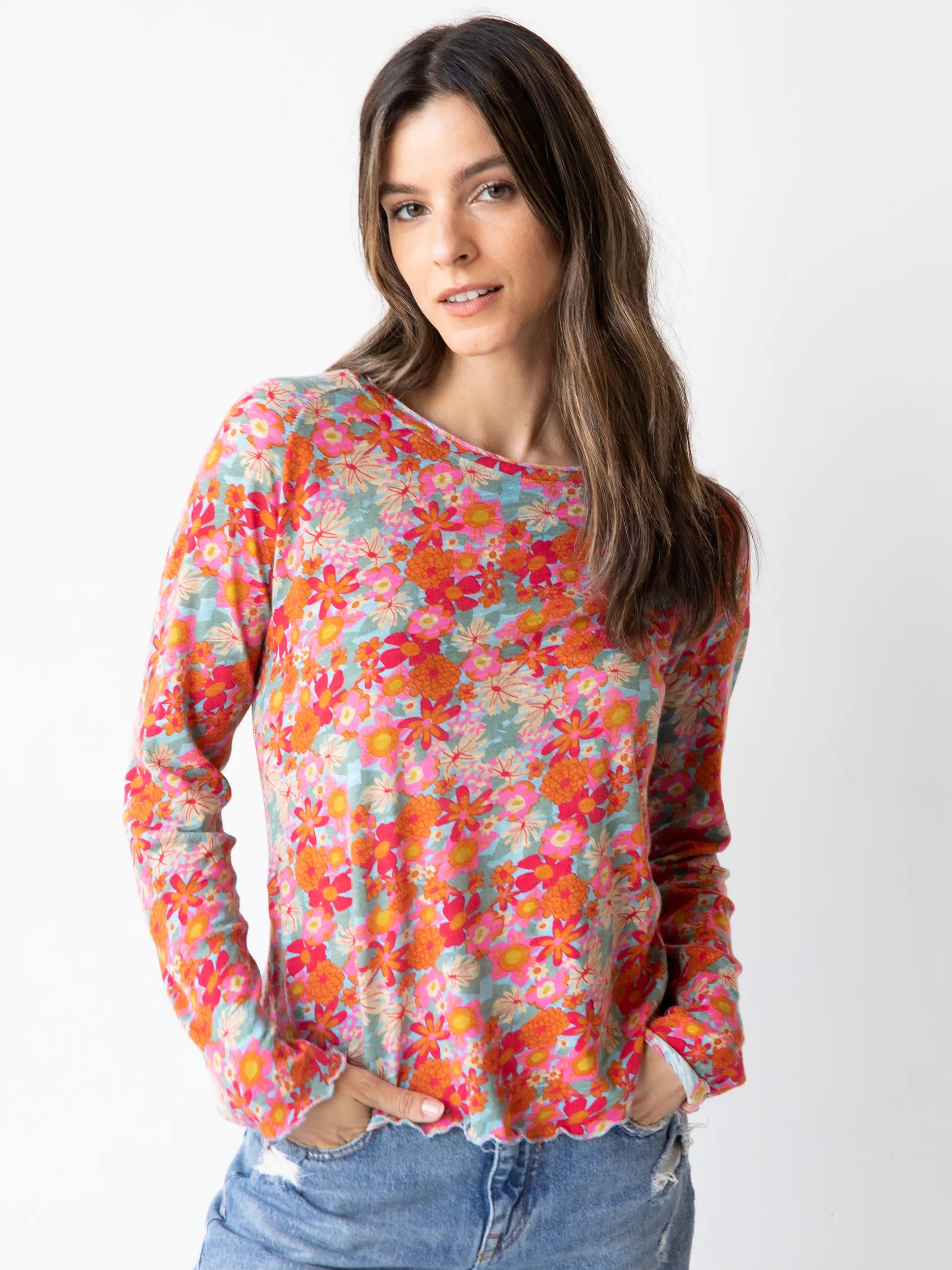 Lily Cotton Long Sleeve Tee Shirt - Pink Red Floral