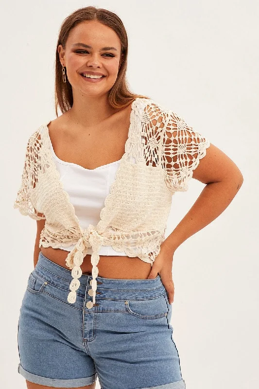 Oatmeal Crochet Cardigan Crop Tie Front