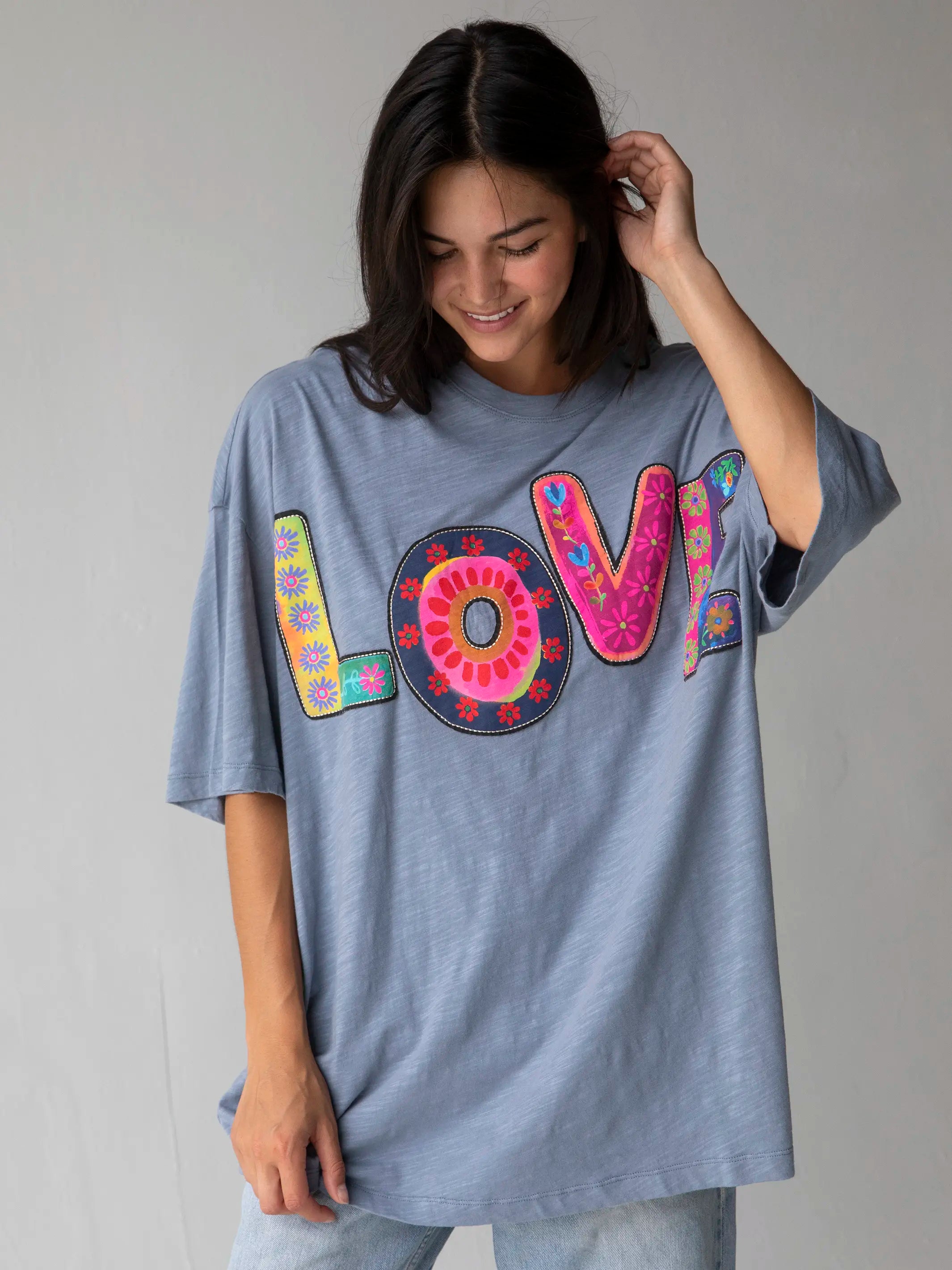 Oversized Cotton Applique Tee - Dusty Blue Love