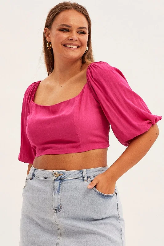 Pink Crop Top Short Sleeve Square Neck