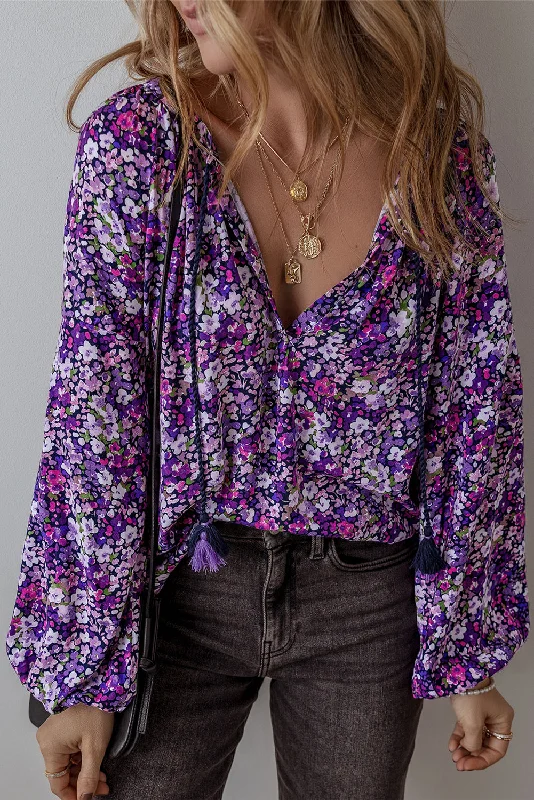 Boho Flower Split V Neck Bubble Sleeve Blouse