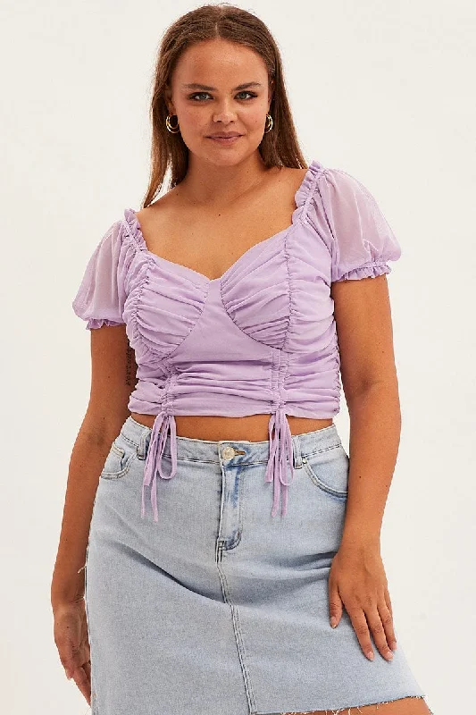 Purple Crop Top Short Sleeve Mesh Ruched