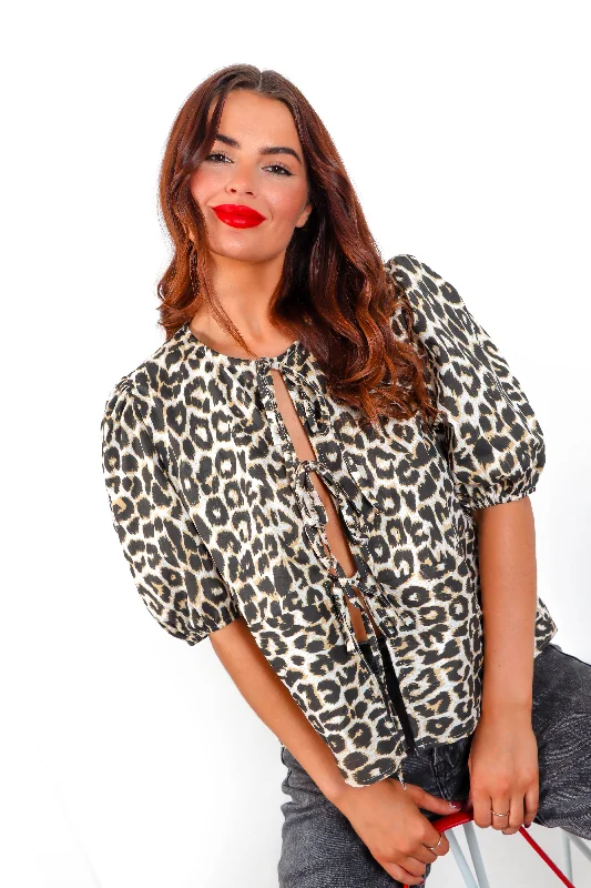 Ties The Limit - Beige Leopard Print Tied Top