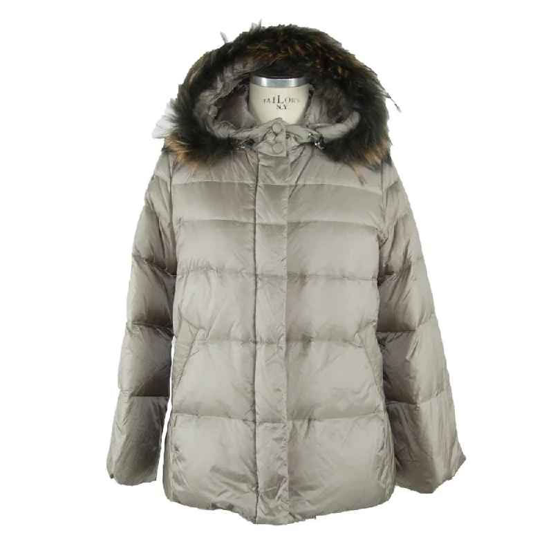 Elegant Gray Polyamide Fur-trimmed Coat