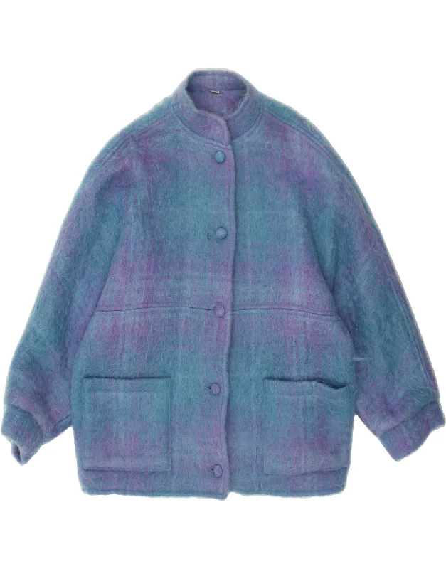 VINTAGE Womens Overcoat UK 14 Medium Blue Check Mohair