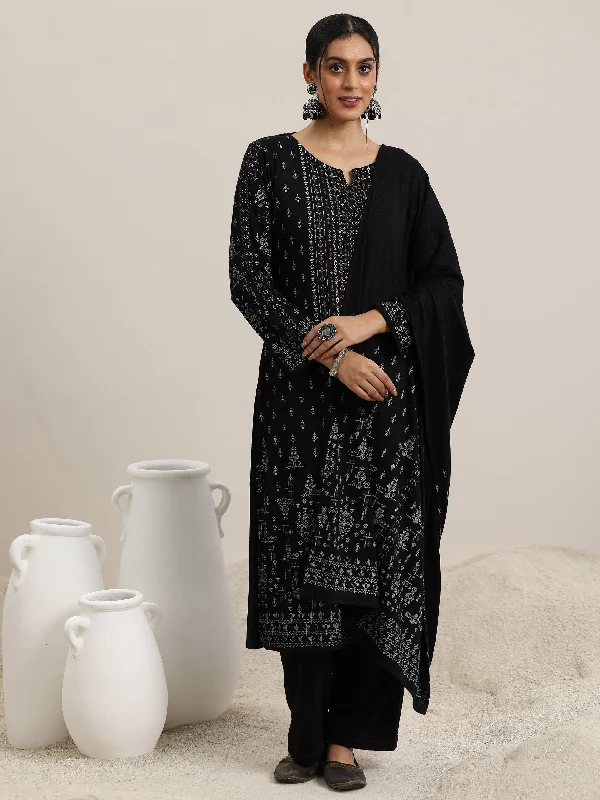 Black Woven Design Wool Blend Straight Suit With Dupatta