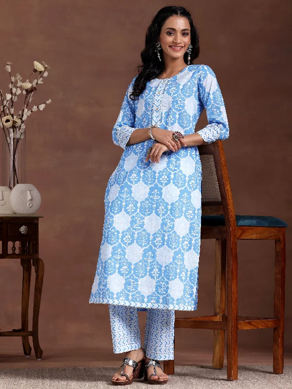 Blue Printed Cotton Straight Kurta Set