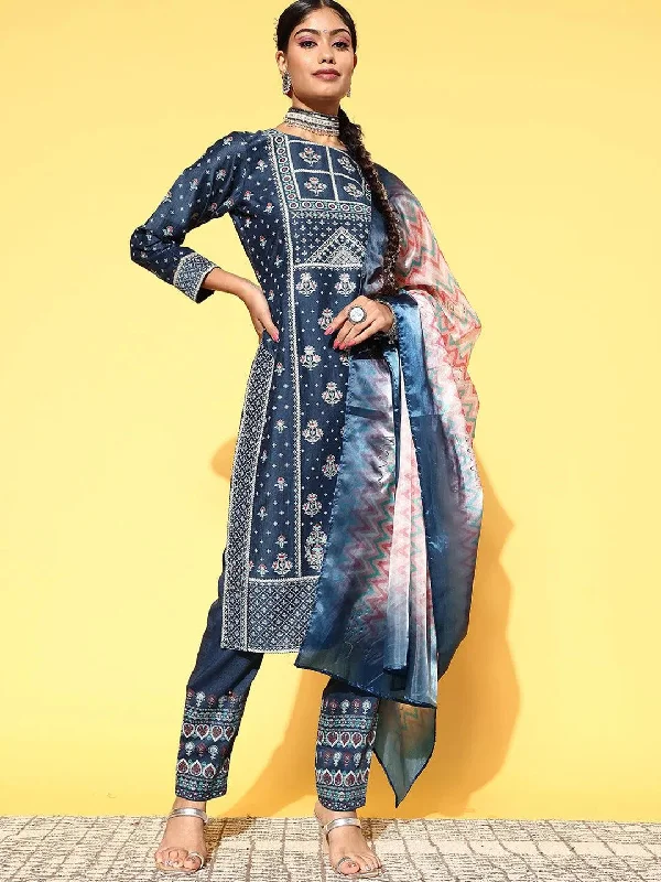 Blue Printed Silk Blend Straight Kurta With Dupatta