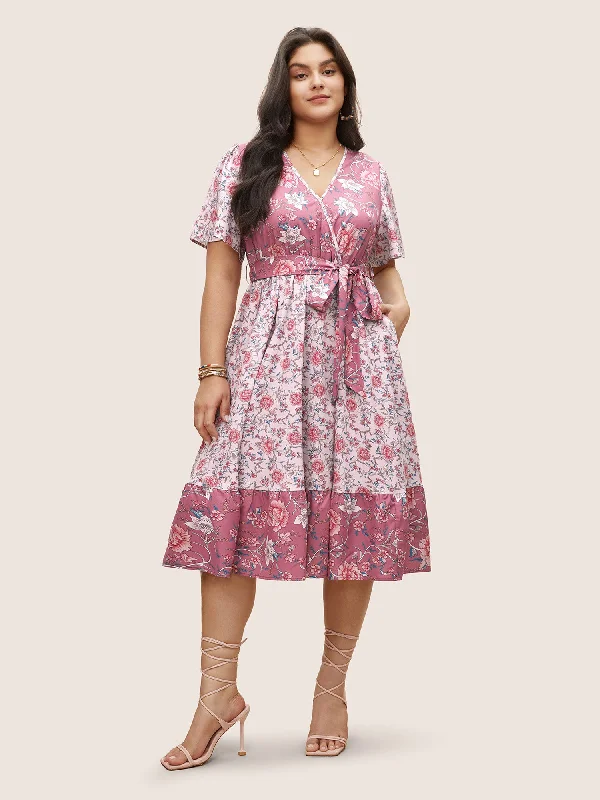 Boho Print Belted Overlap Collar Dress