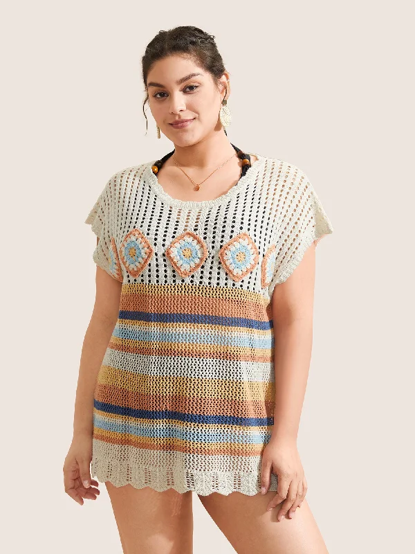 Contrast Striped Crochet Cut Out Swim Cover Up