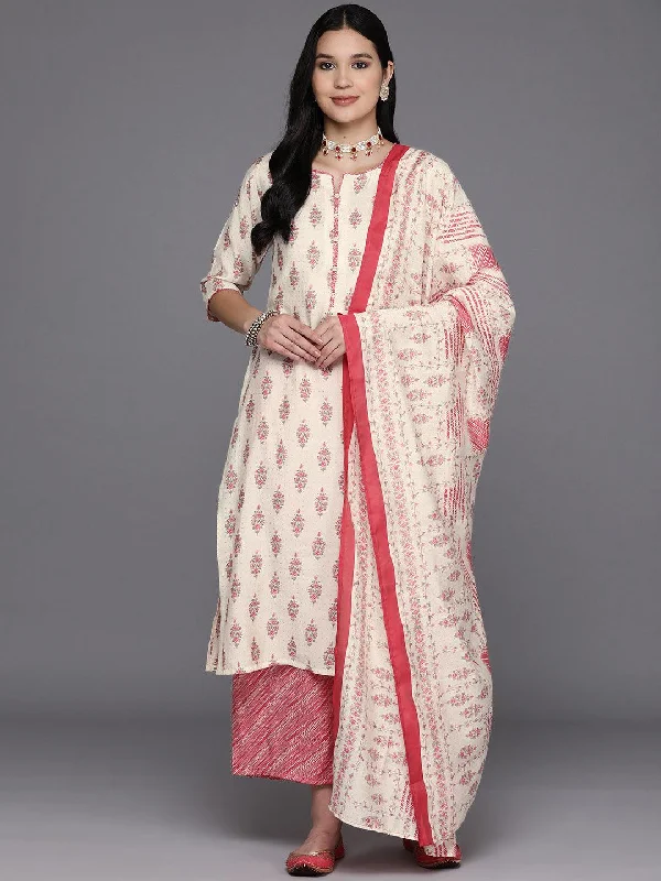 Cream Printed Silk Blend Straight Kurta With Palazzos & Dupatta