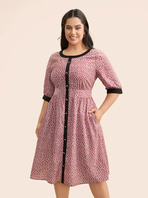 Ditsy Floral Contrast Trim Button Detail Dress