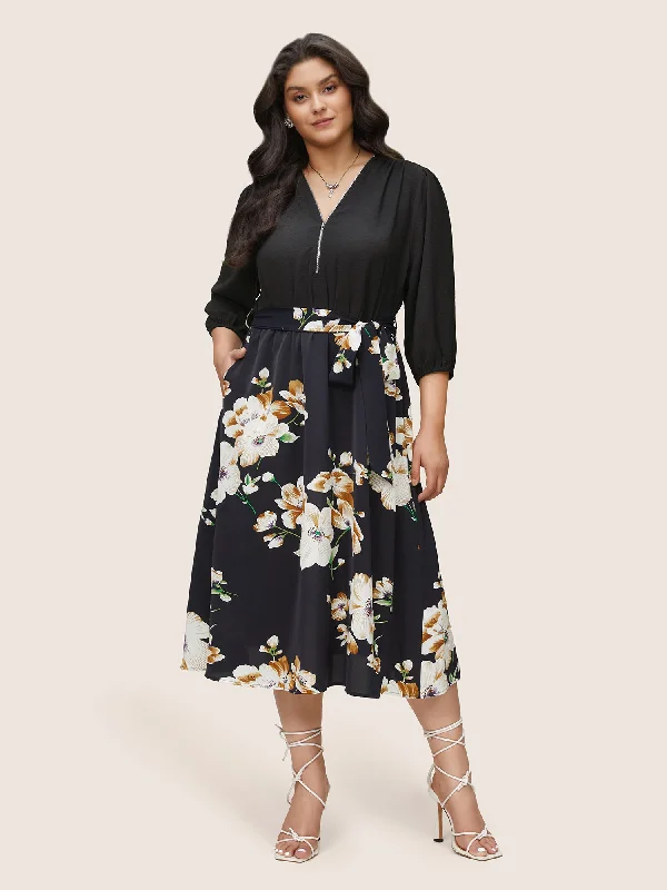 Floral Patchwork Half Zip Belted Lantern Sleeve Dress