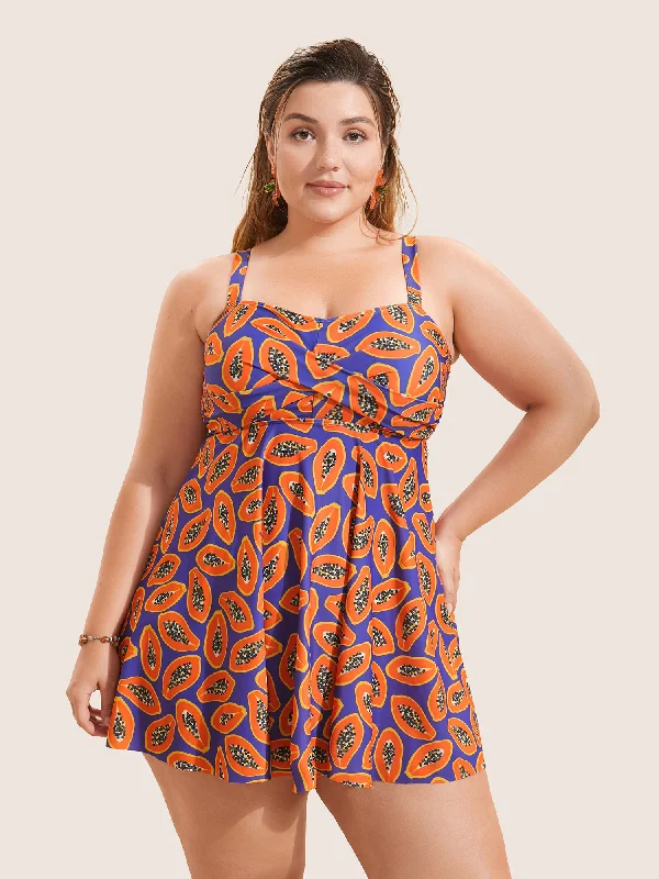 Fruit & Vegetable Print Crossover Cami Swim Dress