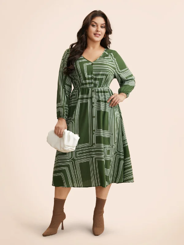 Geometric Button Detail Lantern Sleeve Dress