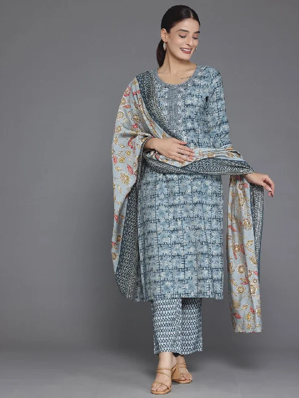 Grey Printed Silk Blend Straight Suit With Dupatta