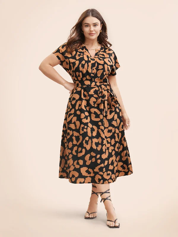 Leopard Print Notched Button Detail Dress