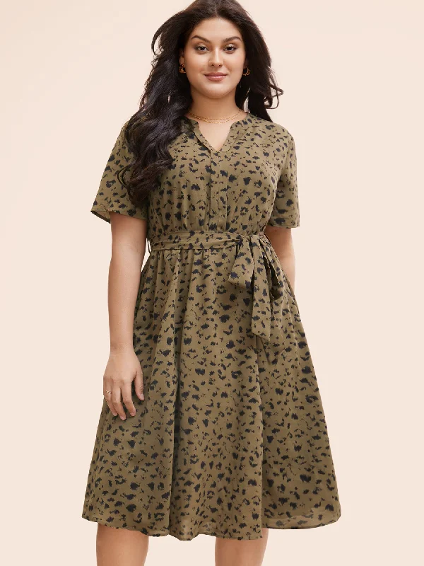 Leopard Print Notched Pocket Belted Dress