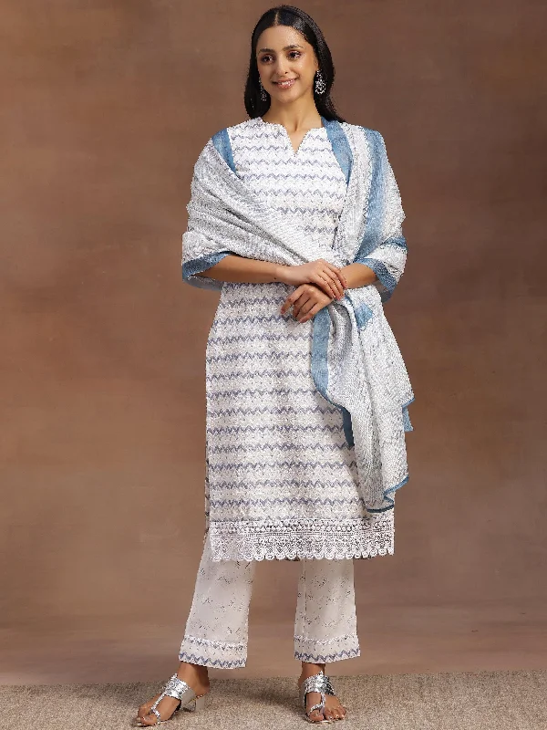 Off White Embroidered Cotton Blend Straight Suit With Dupatta