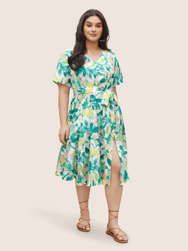 Overlap Collar Plants Print Elastic Waist Belted Dress