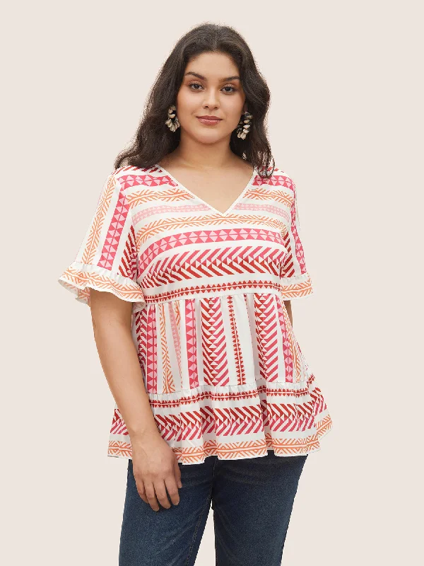 V Neck Geometric Patchwork Ruffles Blouse