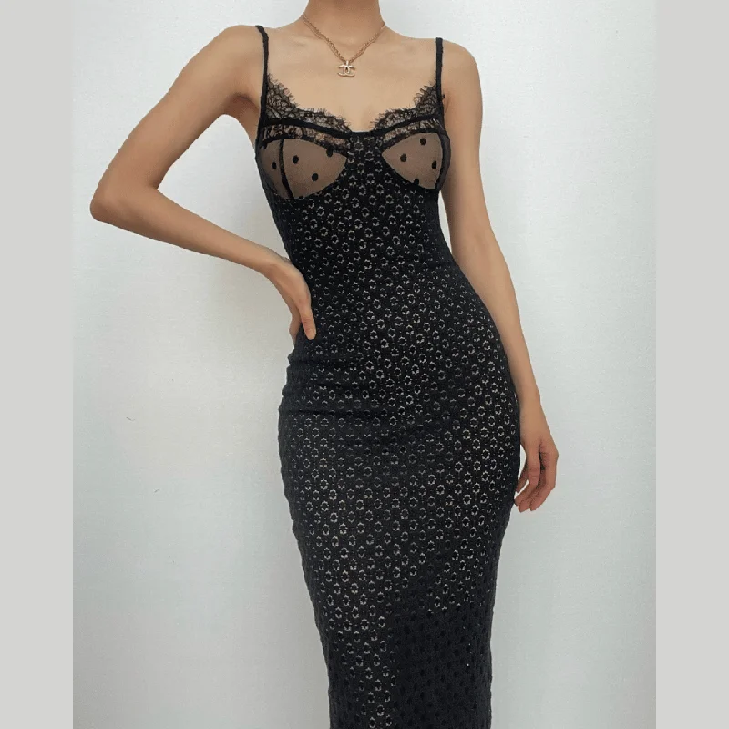 BerryBetty - Mesh lace hem zip-up slit solid backless cami midi dress