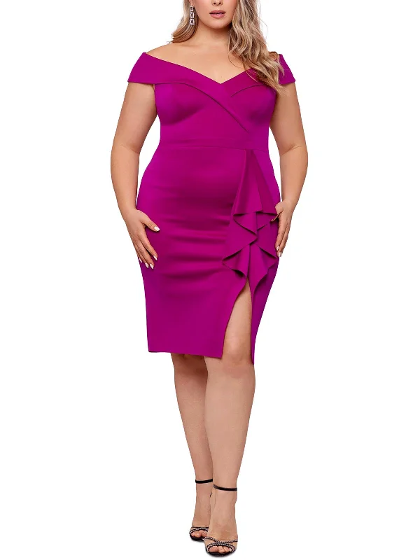 Plus Womens Satin Mini Sheath Dress