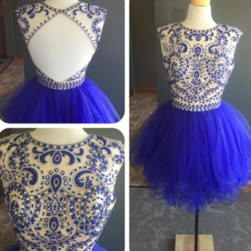 Royal vintage open back mini cap sleeve National style unique homecoming prom dress,BD0045