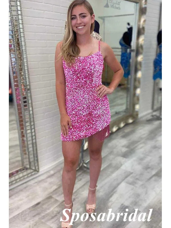 Sarkly Pink Sequin Spaghetti Straps Square Sheath Mini Dresses/ Homecoming Dresses, PD3541